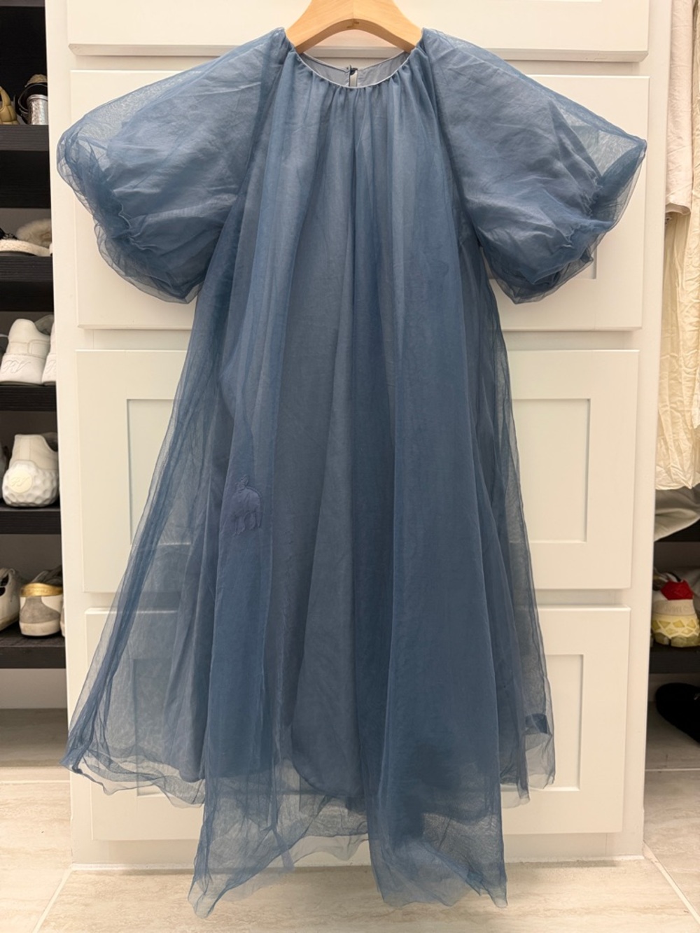 Girls Blue Sheer Tulle Puff-Sleeve Midi Dress